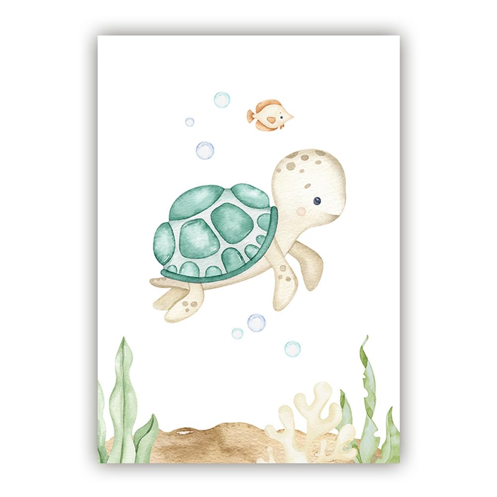 BeiYiHo 6 Affiche Animaux Marins Enfant Poster Chambre Bebe Hippocampes Baleines Tortue Tableau Deco Chambre Garçon 21X30CM Toile Decoration Murale Chambre Enfant Cadeau sans Cadre