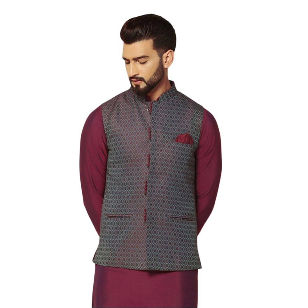 kisah Men's Nehru Jacket, Blue Silk Blend, Woven Design Mandarin Collar Regular Fit Sleeveless-picture-34