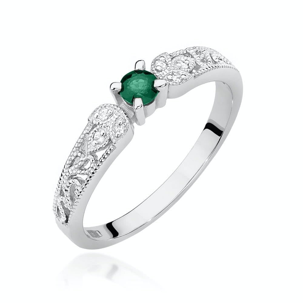 Sakrami Anillo de mujer de oro amarillo o blanco de 14 quilates con esmeralda natural de 0,15 ct y diamantes, anillo elegante con grabado para compromiso, San Valentín, aniversario (blanco, 22)