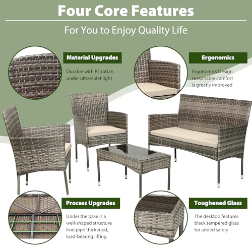 Image of PayLessHere Outdoor Furniture Set 4 Pcs Modular Patio Furniture Set Water Resistant Conversation Set with 3 Rattan Chairs 1 Tempered Glass Topped Table for Patio Poolside, Gray Wicker /Khaki Cushions