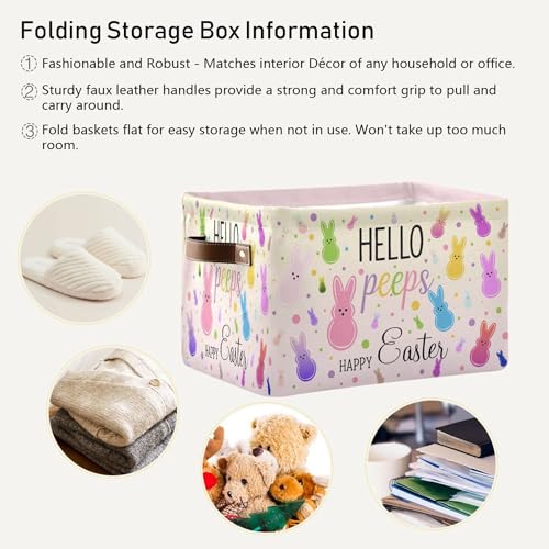 Image of Happy Easter Day Peep Bunny Storage Basket with Waterproof Liner and PU Handles Easter Eggs Leopard Cheetah Storage Bins Boxes 14.2 inch Collapsible Decorative Organizer Baskets for Bedroom Closet 2 Pack