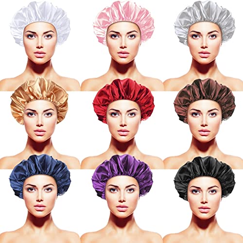 9 Pieces Satin Bonnet Sleep Caps Night Sleeping Head Covers Double Layer Shower Caps Salon Bonnet Hair Covers with Wide Elastic Band for Women Long Curly Straight Hair Braids, 9 Colors