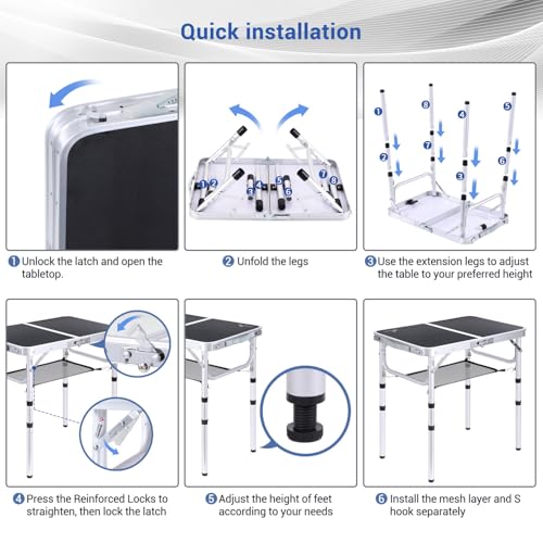 Sportneer Folding Camping Table, 4 Adjustable Height Small Folding Table 60cmL× 40cmW Portable Camp Tables with Mesh Layer for Outdoor Camp Garden Picnic Dining Cooking - Image 7