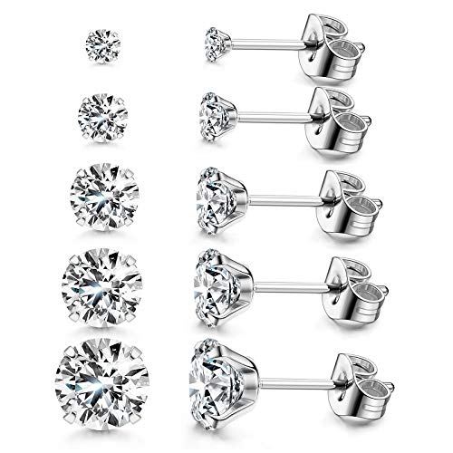 Kainier 5 Pairs CZ Stud Earrings Set for Women Men, 316L Stainless Steel Hypoallergenic Earrings for Sensitive Ears, 14K Gold Plated Silver Tone Jewelry, Cubic Zirconia Diamond Flatback Stud