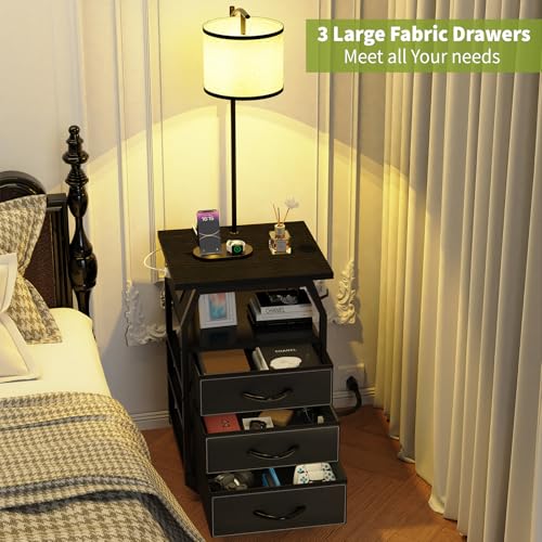Image of runjuly Floor Lamp with Table Set 2, End Table with Light & Charging, Black