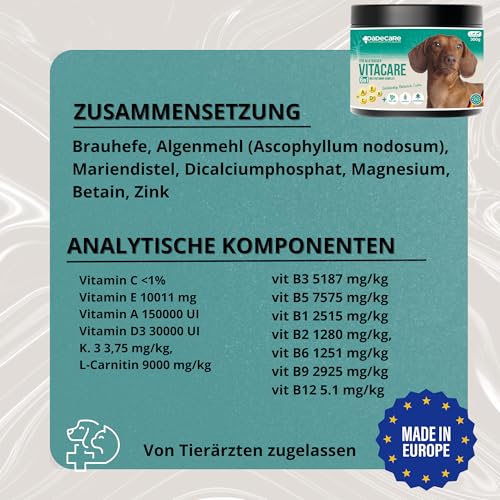 Vitacare – Multivitaminpräparat 300 g Pulver für Hunde und Katzen | natürliche Vitamine mit Algen Kelp, Bierhefe, Mariendistel, Komplex B, A, C, D3 und E | Immunverstärkung und Energie