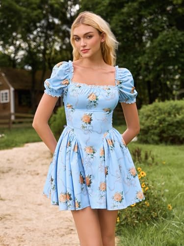 Image of Parthea Women's Floral Square Neck Mini Dress Lace Puff Sleeve Off Shoulder Smocked Flowy A Line Summer Dresses for 2026