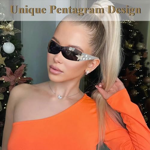 Star Y2K Sunglasses for Women Rimless Shield Wrap Around Sunglasses Oversized Fashion Aesthetic Glasses Shades4