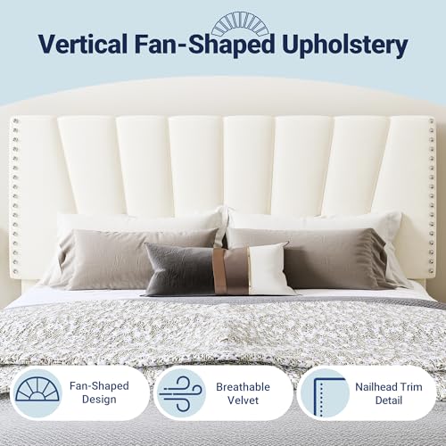 Image of Allewie King Size Velvet Platform Bed Frame with Adjustable Headboard Cream | Height-Adjustable Velvet Headboard, Rivet-Style Nailhead Trim, Wooden Slat Support, No Box Spring Needed, Easy Assembly