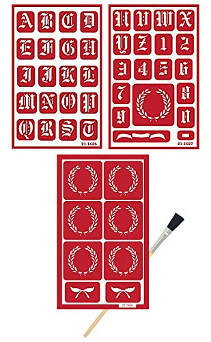 3 Armour Etch Over N Over Reusable Glass Etching Stencils | Crest and Classic Vintage Style Alphabet Stencil for Wedding, Birthday, Marriage Anniversary, Engagement | Set Includes Brush,Total 4 Items