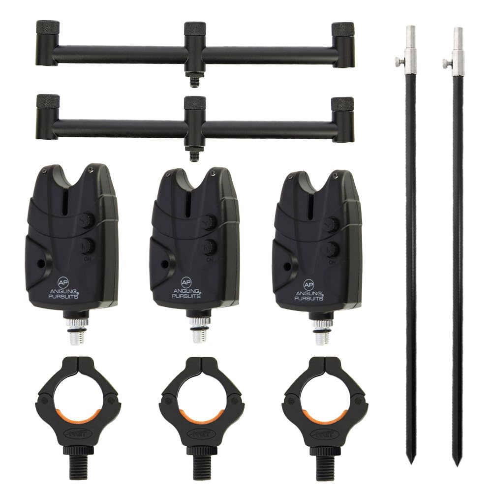 Angel Rutehalter Set für 3 Ruten - 2 Teleskop Bank-Sticks 50-90 cm, 2 Buzzer-Bars, 3 Magnetische Rutenhalter, 3 Bissanzeiger, Angelrutenhalter Set, Rutenauflage, Angelrutenständer