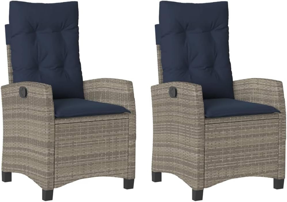vidaXL Reclining Patio Chairs with Cushions - 2 pcs Set, Gray Poly Rattan, Adjustable Backrest, Weather- Outdoor Lounge Seating