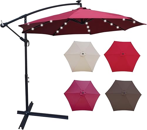 Paraguas voladizo de 10 pies para colgar en el patio al aire libre con base cruzada, luz LED solar, sombrilla de patio para jardín, terraza, patio