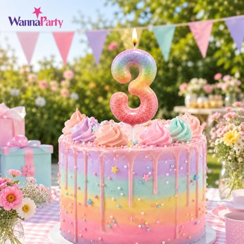Image of Wanna Party Glitter Colorful 3rd Birthday Candle, Number 3 Cake Candle Cake Toppers for Girl Women, Glitter Colorful Themed Party Decorations Supplies Birthday Gifts