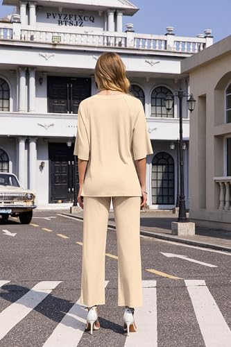 Image of difficort 2 Piece Lounge Sets for Women Summer Outfits Vacation Loungewear | Knit Raglan Short Sleeve Wide Leg pant with Pockets