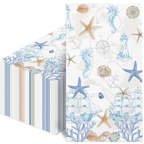 100 Pcs Nautical Coastal Paper Napkins, Sea Blue Disposable Guest Towels for Wedding, Boat & Beach Parties, Bathroom Hand Towels, Dinner Decorative Supplies