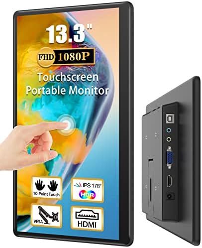 Portable Touchscreen Monitor, CUIUIC HDMI+VGA FHD 1920×1080 IPS HDR 100% SRGB 60Hz 10-Point Touch Travel Monitor with Speakers&VESA for Laptop/Mini PC/PC Stick/Raspberry Pi/TV Box/Game Consoles 13.3″