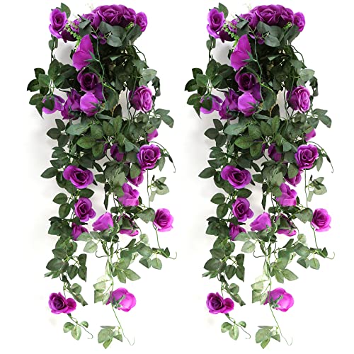 Hyakoz 2 Stück 90CM Künstliche Hängepflanzen Gefälschte Seide Rose Blumen Kunstpflanze Hängend Efeu Pflanze Künstlich für Außen Innen Hochzeit Terrasse-Lila