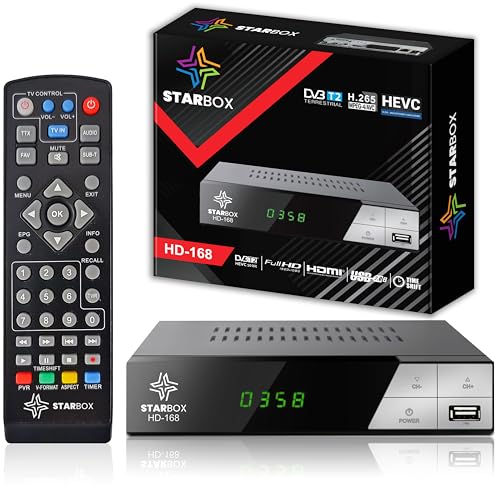 Star Box – Décodeur TNT HD-168+ DVB-T2/DVB-C, Full HD 1080p H.265, USB/HDMI/Péritel, Télécommande Universelle 2-en-1 – Non Compatible Parabole/Satellite