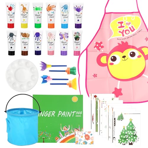 TAVADA 51 Pcs Pintura de Dedos para Niños Lavable,Juego de Pintura para Dedos No Tóxicas,12 Colores (60ml),con Pinceles,Esponja,Paleta y Bata,Niños Pintura Temprana Artes DIY Artesanías