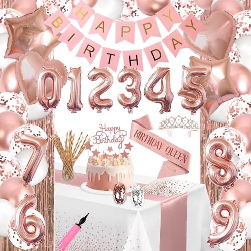 285Pcs Party Supplies Rose Gold Birthday Decorations for Girls and Women, DIY Number Ballons, Fringe Curtain, Tablecloth, Polka Dot Napkins Straws for 25 Guests