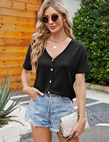 Beluring Women's Shirts V Neck Short Sleeve Waffle Knit Button Up Tunic Tops Blouse2