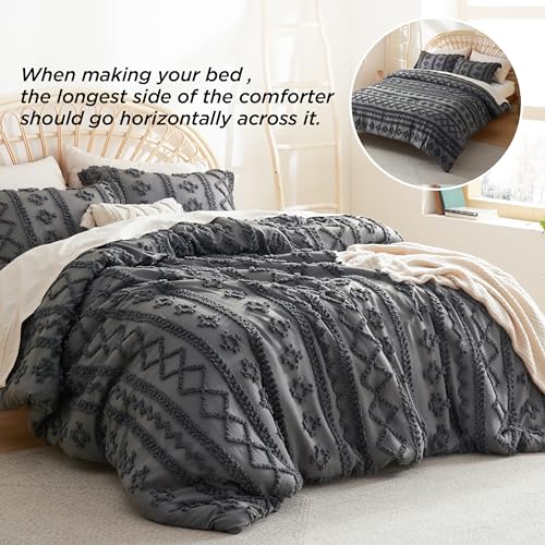 Bedsure Tufted Boho Comforter Set King Size - Dark Grey Boho Bed Set, GentleSoft™ 3 Pieces Farmhouse Shabby Chic Embroidery Bedding, Gifts for Woman, Soft Jacquard King Comforter for All Seasons