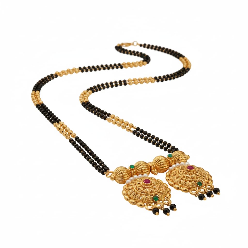 Traditional Maharashtrian Gold-Plated Mangalsutra Necklace Set with Matching Earrings | Golden Ball Design, Double-Line Black Beads & Ruby Stone Vati-image-14