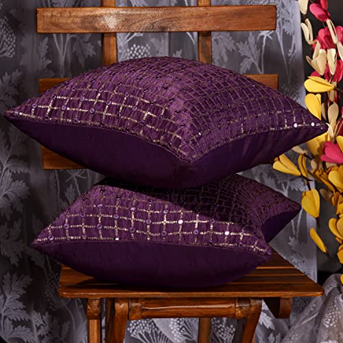Image of Purple Decorative Cushion Covers 20x20 inches Set of 2, Embroidered Pillow Covers, Sofa Pillowcases with Mirror and Embroidery