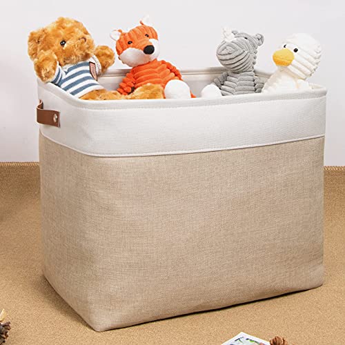 Image of DULLEMELO Large Collapsible Storage Basket /Bin with Sturdy Leather Handles, Fabric Organizer Bin for Storage Clothes, Toys, Books, Office, Bedroom, Closet, Nursery & Laundry (White&Khaki)
