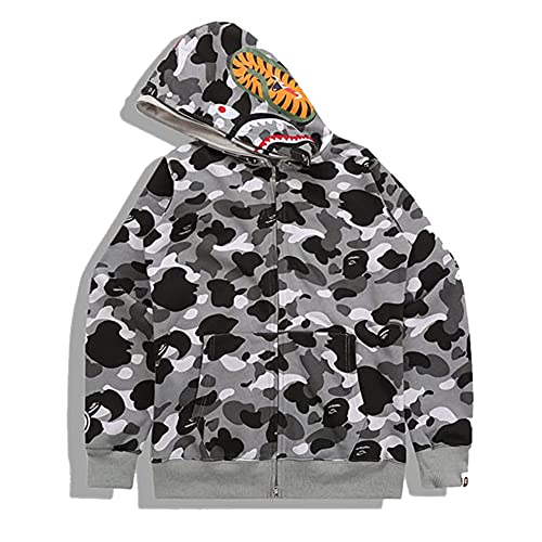 Photo de LIAOPUFUS Homme Shark Mouth Fashion Sweat à Capuche Zipper Manche Longue Hip Hop Street Wear Style Charnières Camouflage(S,Gris Clair)