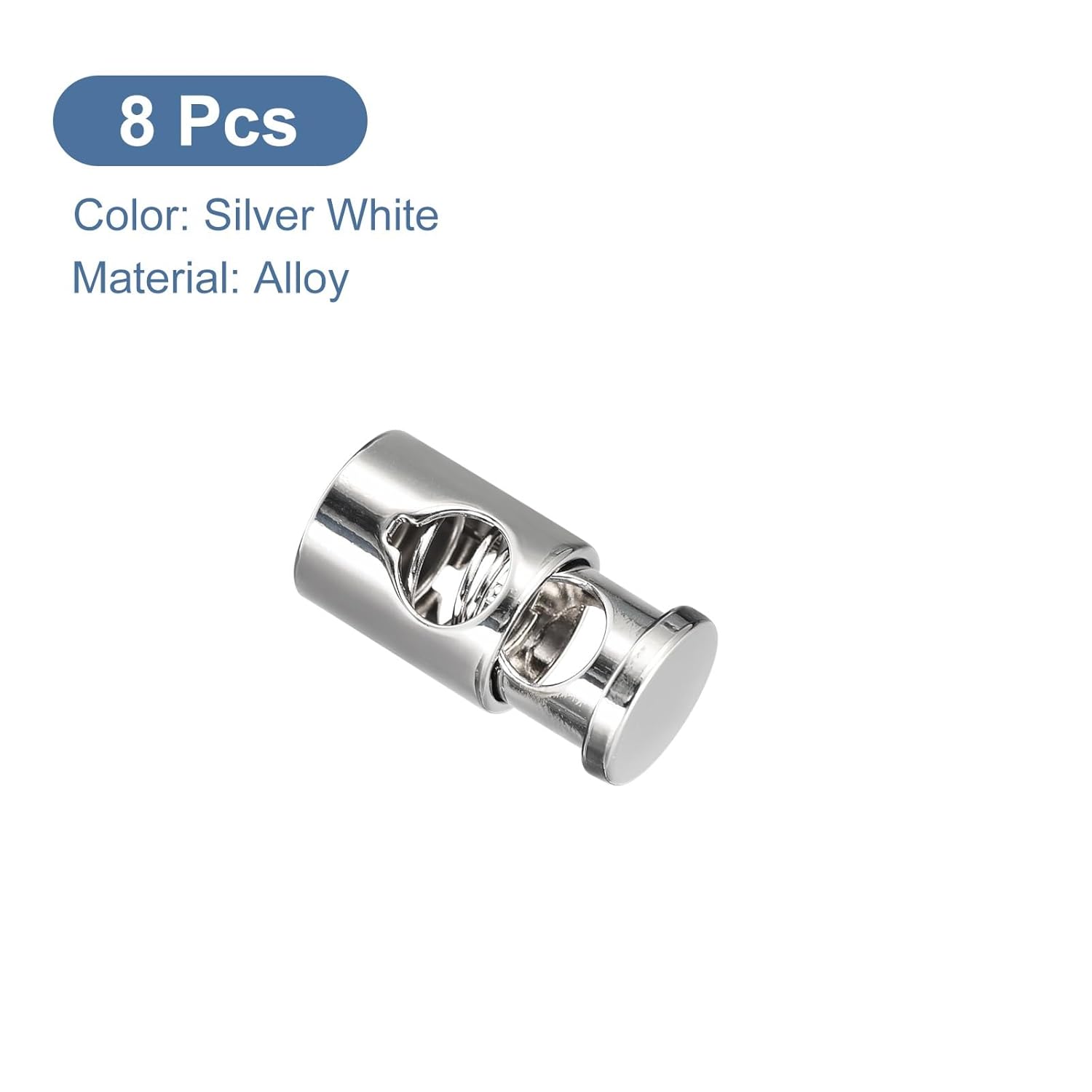 #US 8Pcs Metal Cord Locks 6.5mm Single Hole Toggle Spring Stop Silver White