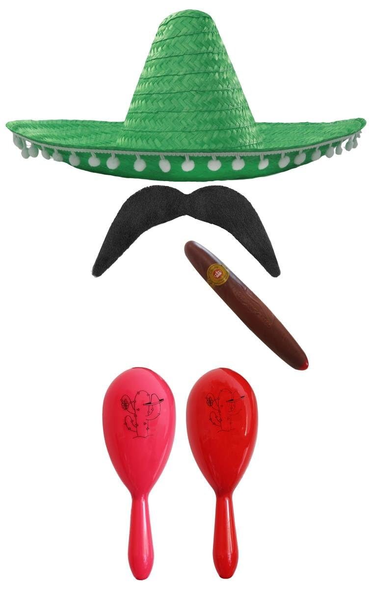 Mexican Fancy Dress Accessory Set. Mexican Sombrero + Maracas + Tash. Perfect for Mexican Fancy Dress Costumes Senorita Bandit Mariachi (Green Pom Pom Sombrero + Pink and Red Maracas)