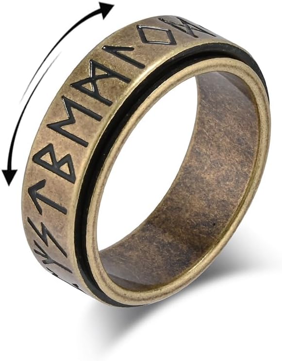 Fidget Anxiety Spinner Viking Rings Silver/Gold/Black/Retro Silver Stainless Steel Stress Relief Nordic Rune Wedding Band Ring for Women Men size 7-12