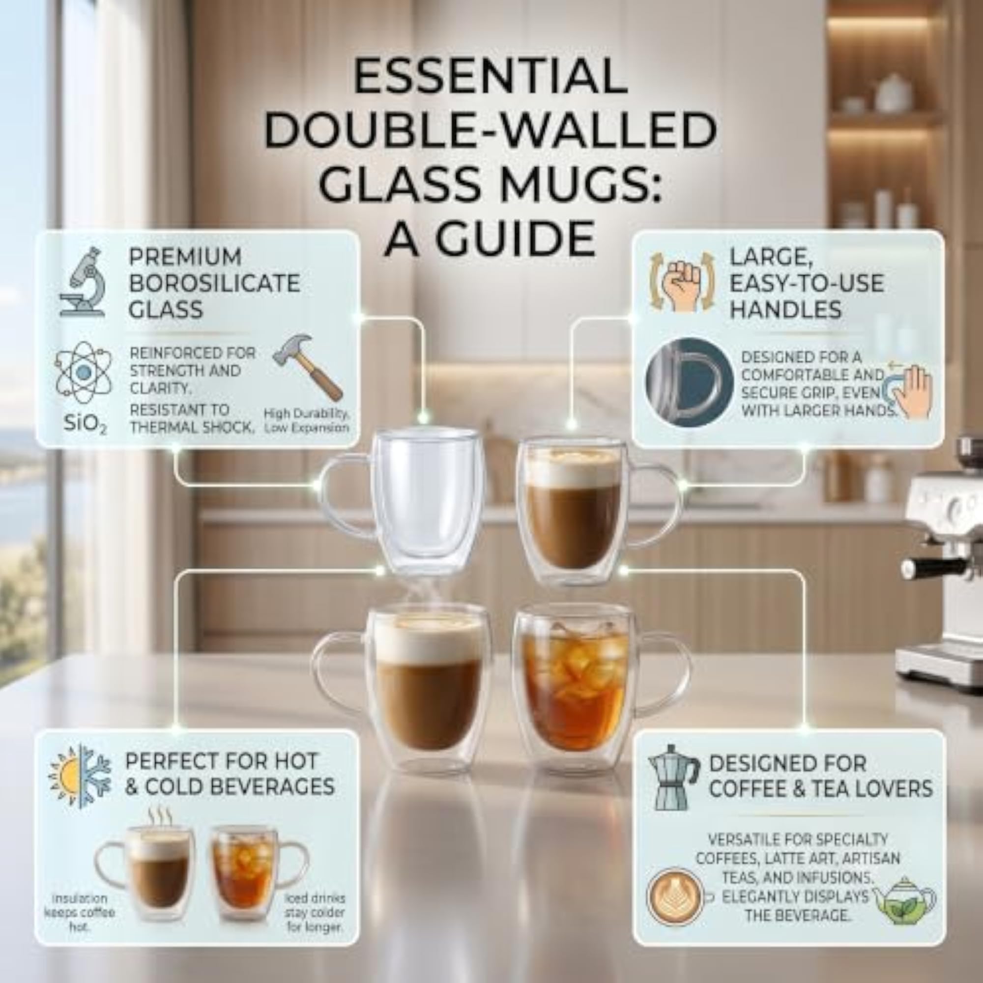French Press Coffee Set with 2 Double Walled Coffee Mugs, Home Coffee Bar