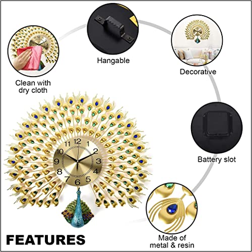 Image of TRENDING Large Luxury Crystal Peacock Wall Clock Silent Non-Ticking,3D Peacock Design Modern Art Clock Home Decorative Big Wall Clocks for Living Room Bedroom Dining Room (Peacock-Royal Gold)