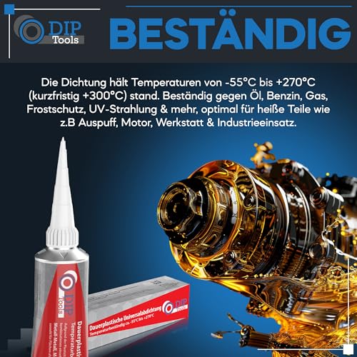 DIP-Tools Universal-Dichtung 85g, Dichtungsmasse dauerplastisch & silikonfrei, hitzebeständig -55°C bis +300°C, Dichtmasse für Metall Kunststoff Plastik Öl Wasser Gas Auto Motoren Industrie