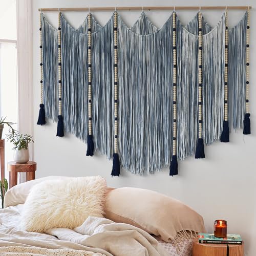 Jakalin Macrame Wall Hanging Blue dip dye Handcrafted Decorative Art for Living Room Bedroom or Office Boho Chic Modern Wall Decor with Unique Beadwork 57 W 43 L
