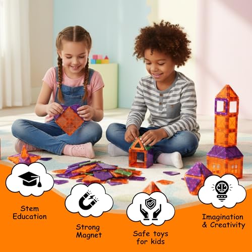 Image of TOYTASTIC Magnetic Tiles Building Blocks for Kids Preschool Educational Magnetic Construction Toys for Creative Learning & Brain Development Safe STEM Toy for Toddlers Age 3-8 Years (28 Pieces)