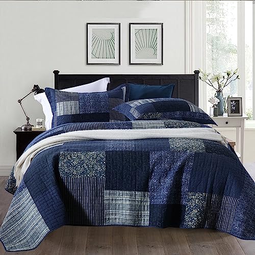 Brindille Queen Size Quilt - 100% Cotton Bedding Set (90 * 98 Inch) with 2 Pillow Shams, Patchwork Reversible Lightweight Bedspread, Quilted Coverlet Fit All-Season