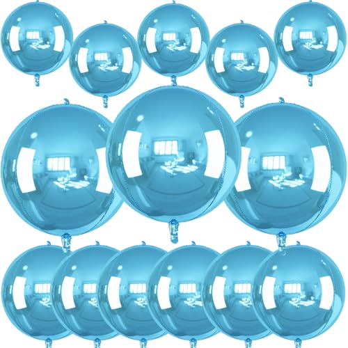 Image of 14 Pcs Blue Round Foil Balloons 22 /15 /10 4D Ball Balloons Light Baby Blue Metallic Balloon Ornament Mylar Balloon Chrome for Birthday Graduation Wedding Anniversary Ocean Disco Party Decor