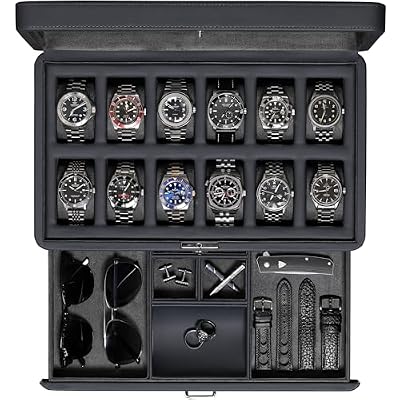 ROTHWELL Luxury Watch Box for 12 Watches – PU Leather Watch Box with Real Glass Lid – Slide out Accessory Drawer with Multiple Compartments (Carbon)