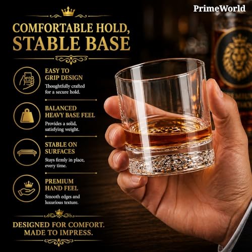 Image of PrimeWorld Lion European Crystal Whiskey Glasses Set of 6 pcs- 300 ml Bar Glass for Drinking Bourbon, Whisky, Scotch, Cocktails, Cognac- Old Fashioned Cocktail Tumblers