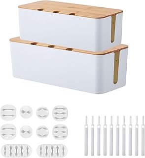 2PCS Cable Management Box with Bamboo Lid, Cord Organizer for Desk TV Computer USB Hub System to Cover and Hide & Power St...