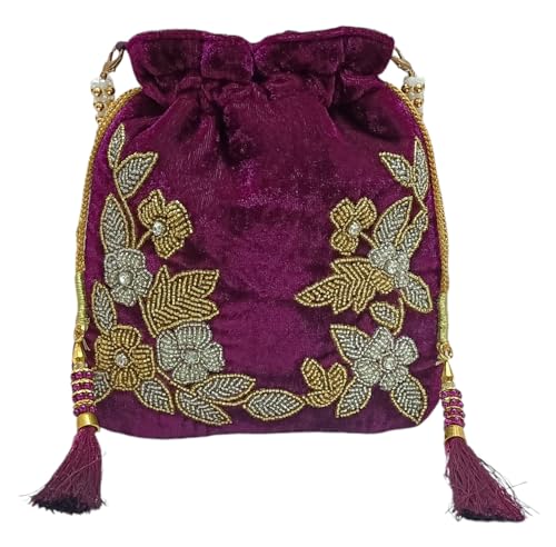 Image of Velvet Potli Bag with Golden & Silver Beaded Flower Embroidery - Handcrafted Ethnic Drawstring Bag for Weddings, Parties & Festive Gifts - Beaded Handle & Tassels for Women