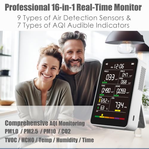 Image of 16-in-1 Indoor Air Quality Monitor, High-Precision Multi-Parameter Smart Air Quality Tester with HD Real-Time Color Screen, Portable Air Quality Monitor for Home, Office, Cars, Bedroom (Ivory White)