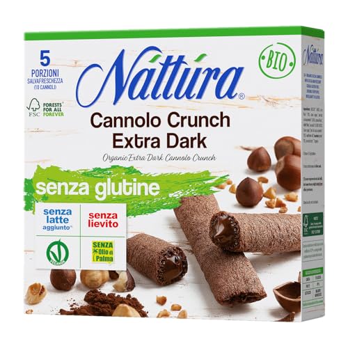NATTURA Cannolo Crunch Bio Extra Dark, Croccanti Cialde di Riso e Cacao Ripiene di Crema al Cacao e Nocciole, Snack Senza Glutine e Senza Lievito, Prodotto Vegano Senza Olio di Palma, 5 x 25 g