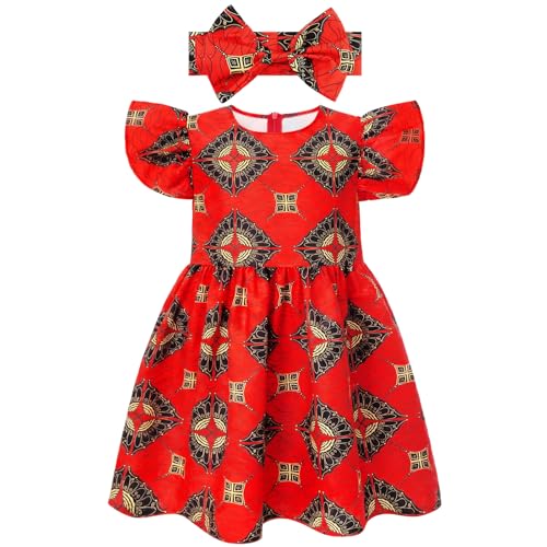 Haysandy 2 Pcs African Toddler Girl Dashiki Ankara Outfit African Dashiki Dress Headband Set Print Summer Party Clothes(7-8Y)