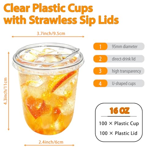 Image of 100 Sets 16 oz Clear Plastic Cups with Lids | Iced Coffee Cups, Disposable Round Bottom, For Cold Drinks, Smoothies, Juice, Milkshake, Wedding & Party Use