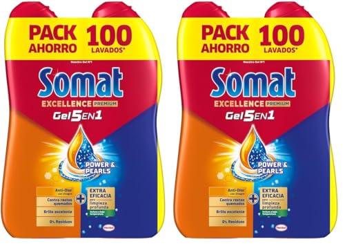 Somat Excellence Gel Frescor Anti-Olor (100 lavados), detergente lavavajillas desengrasante, lavavajilla líquido automático en botella, jabón para platos con vinagre (Paquete de 2)